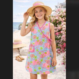 Lilly Pulitzer Girls 12 Wrap Dress Elephant Floral Pink Blue Preppy Vintage Boho